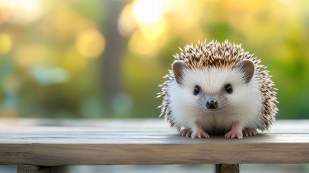 Cute baby hedgehog sitting on a wooden table, blurred background with ample copy space.の素材