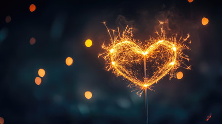Heart-shaped sparklers glowing in the dark, a symbolic concept of romance and celebration, with ample copy space.の素材