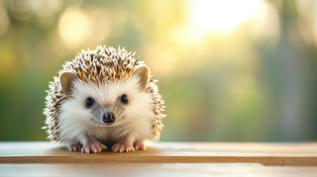 Cute baby hedgehog sitting on a wooden table, blurred background with ample copy space.の素材