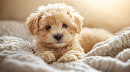 Fluffy puppy lying on a soft blanket, gentle lighting with wide copy space for text.の素材