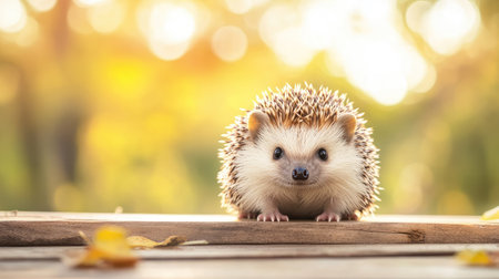 Cute baby hedgehog sitting on a wooden table, blurred background with ample copy space.の素材