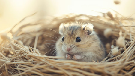 Close-up of a tiny hamster in its nest, gentle background with plenty of copy space for design.の素材