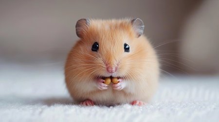 Cute hamster eating a sunflower seed, soft background with plenty of copy space for design.の素材
