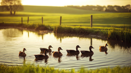 Ducks swimming in a small farm pond, green fields surrounding, no people, with copy space for textの素材