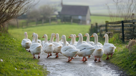 Flock of ducks walking near a small farm pond, open farmyard view, with plenty of copy space.の素材