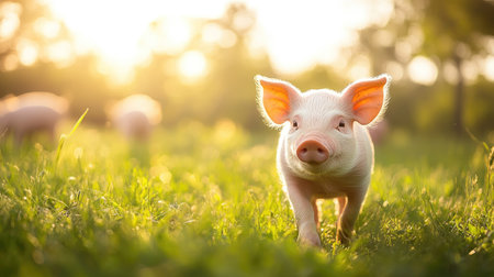Cute piglet walking through a grassy field, sunny background with copy space for design.の素材
