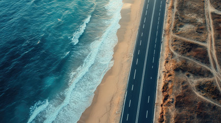 Deserted coastal road next to a beach, aerial shot with large copy space for text or design.の素材