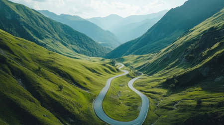 Empty mountain road winding through green valleys, aerial shot with copy space for text or design.の素材
