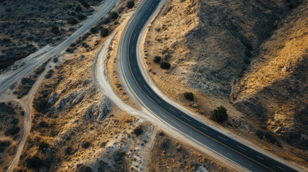 Empty highway cutting through a desert landscape, aerial view with copy space for text.の素材