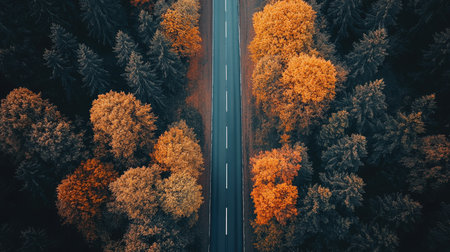 Empty road through a forested area during autumn, aerial perspective with plenty of copy space.の素材