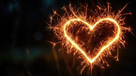 Heart-shaped sparklers glowing in the dark, a symbolic concept of romance and celebration, with ample copy space.の素材