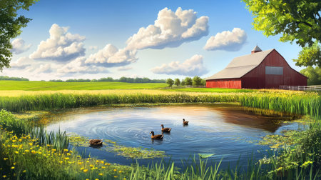 Farm ducks swimming in a small pond near a barn, surrounded by green fields, copy space included.の素材