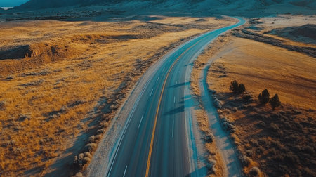 Empty highway cutting through a desert landscape, aerial view with copy space for text.の素材