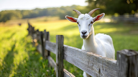 Farm goats standing near a wooden fence, lush green fields around, no people, with ample copy space.の素材