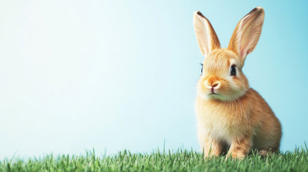 Fluffy baby bunny sitting in a patch of grass, clear sky background with wide copy space.の素材