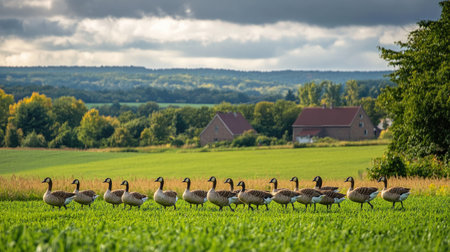 Farm landscape with a flock of geese walking in the open field, no people, large copy space available.の素材