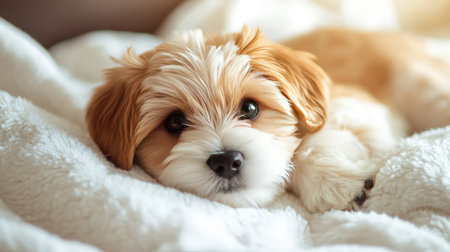 Fluffy puppy lying on a soft blanket, gentle lighting with wide copy space for text.の素材