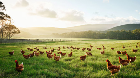 Free-range chickens grazing in an open farm field, rural landscape with large areas of copy space.の素材
