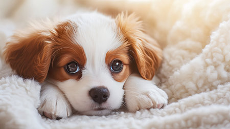 Fluffy puppy lying on a soft blanket, gentle lighting with wide copy space for text.の素材