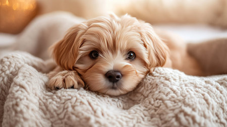 Fluffy puppy lying on a soft blanket, gentle lighting with wide copy space for text.の素材