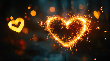 Heart-shaped sparklers glowing in the dark, a symbolic concept of romance and celebration, with ample copy space.の素材