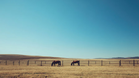 Horses grazing in a fenced field, clear skies above, no people, with space for copy or design.の素材