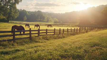 Horses grazing in a sunlit field with wooden fences surrounding, no people, and plenty of copy space.の素材