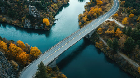 Long empty road crossing a bridge over a river, aerial view with ample copy space available.の素材