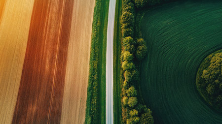 Rural road through farmland, no cars visible, aerial perspective with ample copy space.の素材