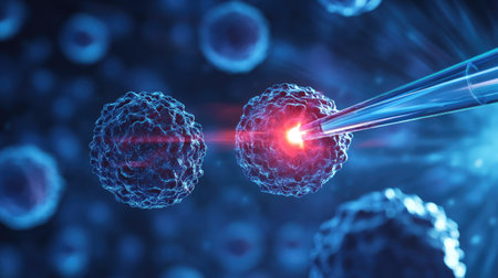 Phototherapy concept: laser beam focusing on malignant cells. Scientific visualization, 3D, with space for copy.の素材