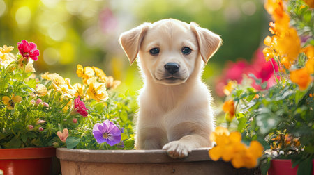 Puppy sitting near a flower bed in a garden, colorful background with wide copy space for design.の素材