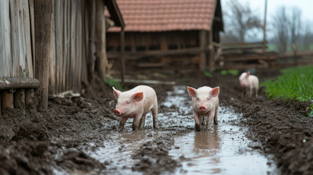 Piglets playing in the mud near a wooden farm enclosure, no people, with wide copy space.の素材