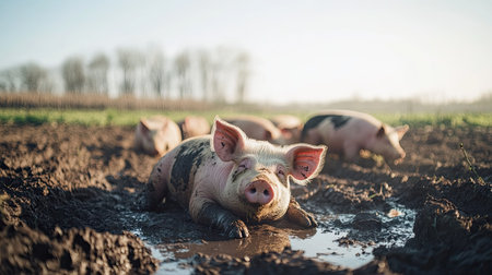 Pigs resting in a muddy farmyard under the sun, open field behind, no people, and copy space.の素材