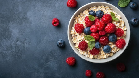Top view of oats and fresh berries in a bowl, healthy breakfast option for weight loss, with copy space.の素材