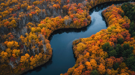 A bird's-eye view of a winding river cutting through a forest of changing fall colors, with room for copy.の素材