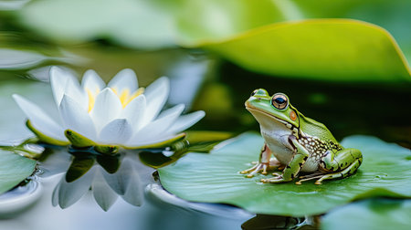 Tiny frog sitting on a lily pad in a pond, serene background with large copy space for text.の素材