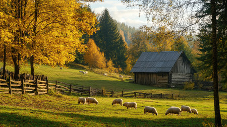 View of a traditional farm with sheep grazing near a barn, no people, wide copy space available.の素材