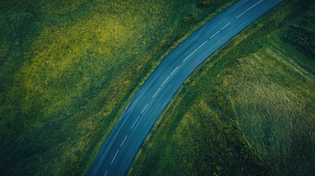 Isolated road cutting through vast grasslands, aerial view with copy space available.の素材