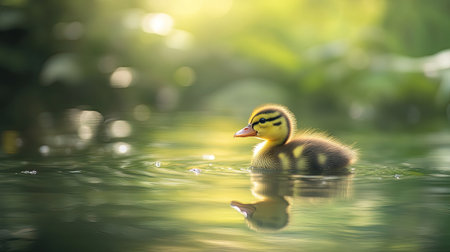 Tiny duckling exploring a pond, serene nature background with large copy space for design.の素材