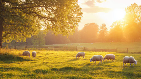 Sheep grazing in a sunlit pasture on a peaceful farm, no people, with copy space for text.の素材