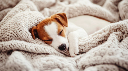 Puppy resting in a cozy bed of blankets, soft background with wide copy space for text.の素材