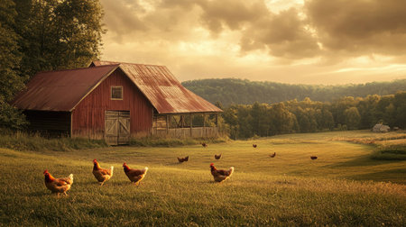 Rustic farm setting with free-range chickens walking near a barn, no people, copy space provided.の素材
