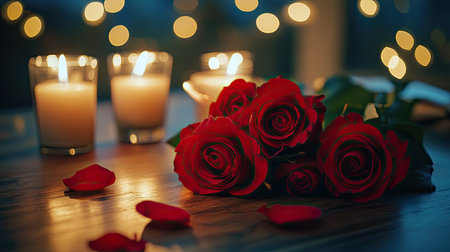Red roses and candles on a table, symbolizing romance and celebration, no people, wide copy space for text or design.の素材