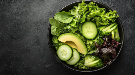 Top view of a salad bowl with avocado, cucumber, and leafy greens, symbolizing a healthy weight loss diet. Copy space available.の素材