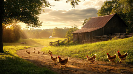 Rustic farm setting with free-range chickens walking near a barn, no people, copy space provided.の素材