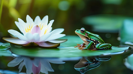 Tiny frog sitting on a lily pad in a pond, serene background with large copy space for text.の素材