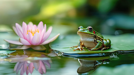 Tiny frog sitting on a lily pad in a pond, serene background with large copy space for text.の素材