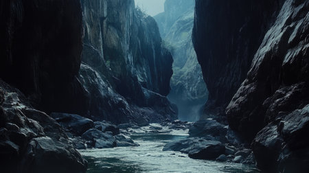 A river flowing through a rocky canyon, with cliffs on either side and space for copy at the top.の素材