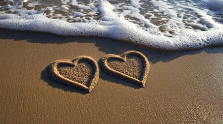Two hearts drawn in the sand, waves gently approaching, a symbolic image of love and romance. Copy space available.の素材