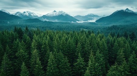 A bird's-eye view of a dense evergreen forest, with snow-capped mountains in the distance and room for copy.の素材